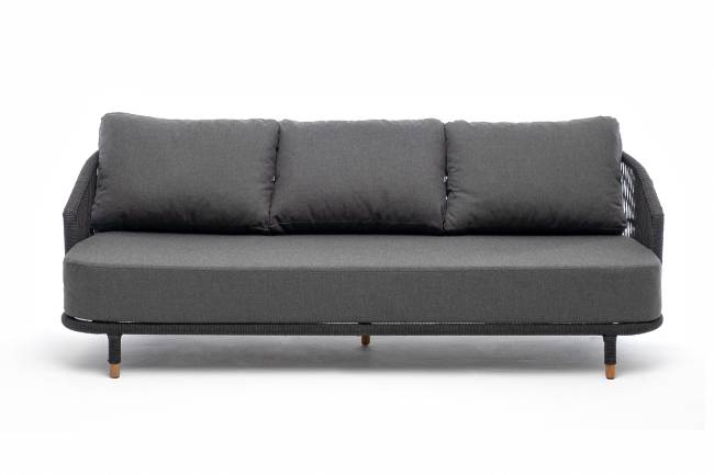 "Верона" диван 3-местный плетеный из роупа, каркас алюминий темно-серый (RAL7024) муар, роуп темно-серый круглый, ткань темно-серая 027