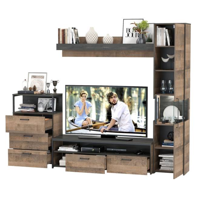 Стенка для гостиной с подсветкой Трувор № 23 цвет дуб гранж песочный/интра Стенка для гостиной с подсветкой Трувор № 23 цвет дуб гранж песочный/интра