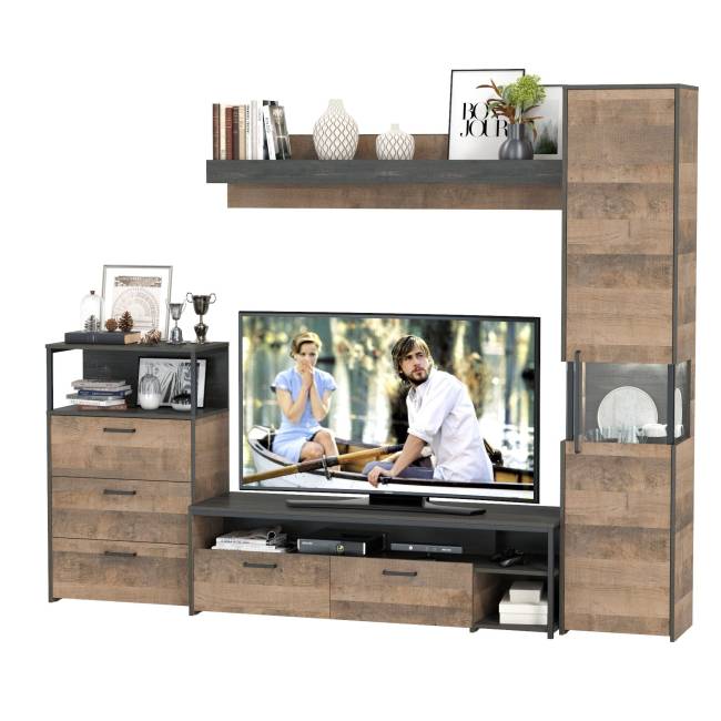 Стенка для гостиной с подсветкой Трувор № 23 цвет дуб гранж песочный/интра Стенка для гостиной с подсветкой Трувор № 23 цвет дуб гранж песочный/интра