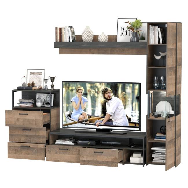 Стенка для гостиной с подсветкой Трувор № 23 цвет дуб гранж песочный/интра Стенка для гостиной с подсветкой Трувор № 23 цвет дуб гранж песочный/интра