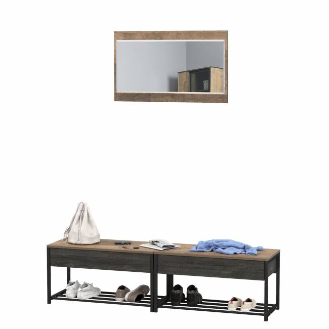 Две тумбы для обуви с сиденьем и зеркалом Трувор цвет дуб гранж песочный/интра