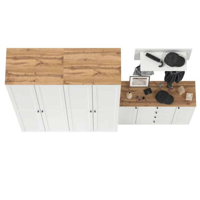 Комод четыре ящика с настенной вешалкой и двумя платяными шкафами Остин цвет белый шагрень/дуб крафт золотой Комод четыре ящика с настенной вешалкой и двумя платяными шкафами Остин цвет белый шагрень/дуб крафт золотой