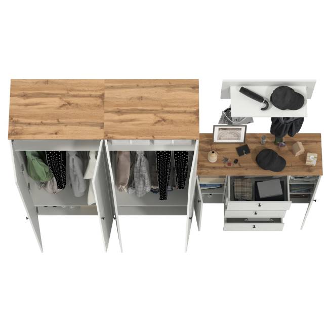 Комод четыре ящика с настенной вешалкой и двумя платяными шкафами Остин цвет белый шагрень/дуб крафт золотой Комод четыре ящика с настенной вешалкой и двумя платяными шкафами Остин цвет белый шагрень/дуб крафт золотой