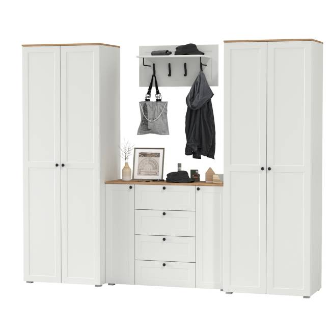 Комод четыре ящика с настенной вешалкой и двумя платяными шкафами Остин цвет белый шагрень/дуб крафт золотой Комод четыре ящика с настенной вешалкой и двумя платяными шкафами Остин цвет белый шагрень/дуб крафт золотой