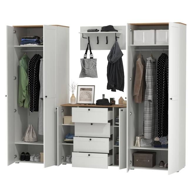 Комод четыре ящика с настенной вешалкой и двумя платяными шкафами Остин цвет белый шагрень/дуб крафт золотой Комод четыре ящика с настенной вешалкой и двумя платяными шкафами Остин цвет белый шагрень/дуб крафт золотой