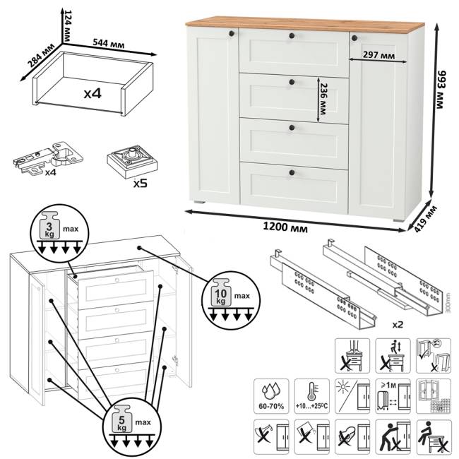 Комод четыре ящика с настенной вешалкой и двумя платяными шкафами Остин цвет белый шагрень/дуб крафт золотой Комод четыре ящика с настенной вешалкой и двумя платяными шкафами Остин цвет белый шагрень/дуб крафт золотой