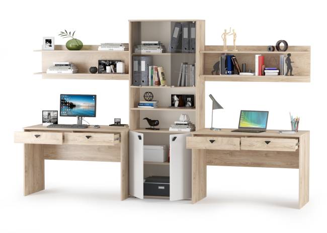 Столы с полками и большим стеллажом Бостон цвет дуб эндгрейн элегантный/фасады МДФ милк рикамо софт Столы с полками и большим стеллажом Бостон цвет дуб эндгрейн элегантный/фасады МДФ милк рикамо софт