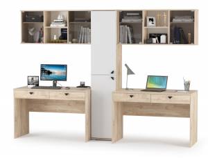 Два компьютерных стола Бостон с навесными шкафами и пеналом цвет дуб эндгрейн элегантный/фасады МДФ милк рикамо софт