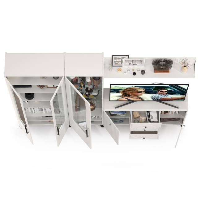 Комод для ТВ-аппаратуры с навесной полкой и широкий сервант Валенсия цвет белый шагрень