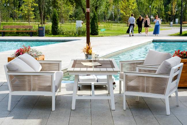 "Сан Ремо" диван 2-местный плетеный из роупа, каркас алюминий белый, роуп бежевый, ткань бежевая "Сан Ремо" диван 2-местный плетеный из роупа, каркас алюминий белый, роуп бежевый, ткань бежевая