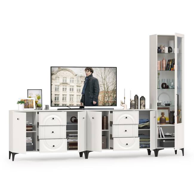 Пенал со стеклом и два комода под ТВ Валенсия цвет белый шагрень