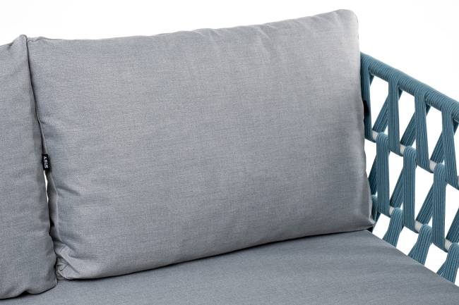 "Диего" диван 2-местный плетеный из роупа, каркас алюминий светло-серый (RAL7035) муар, роуп бирюзовый круглый, ткань светло-серая