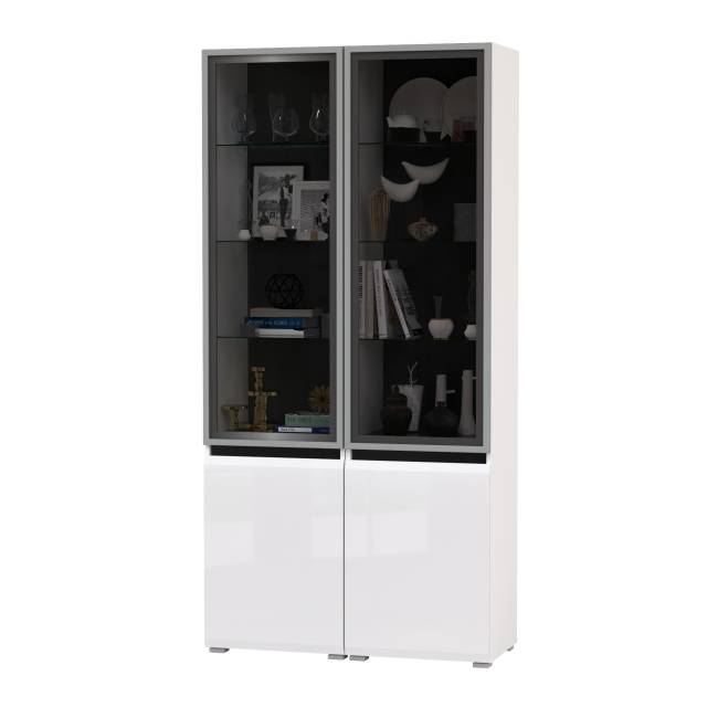 Горка Сидней из двух шкафов-витрин цвет белый/чёрный/МДФ белый глянец