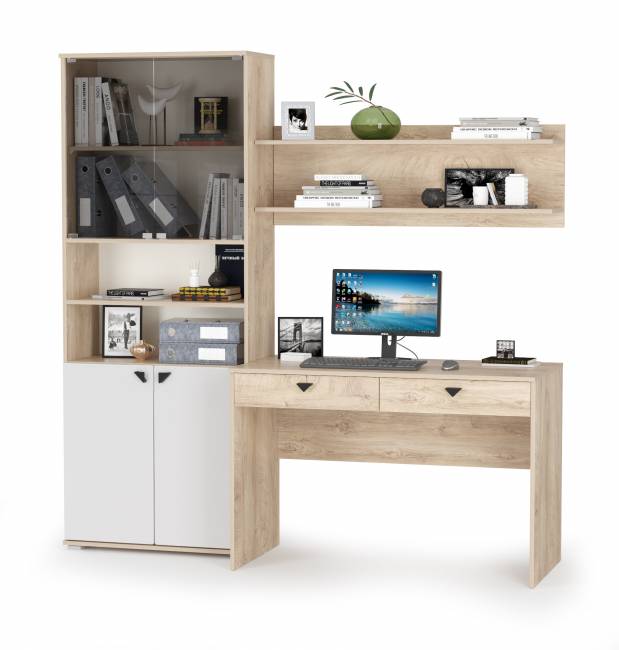 Рабочий стол с полкой и шкафом Бостон цвет дуб эндгрейн элегантный/фасады МДФ милк рикамо софт Рабочий стол с полкой и шкафом Бостон цвет дуб эндгрейн элегантный/фасады МДФ милк рикамо софт