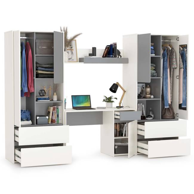 Стол компьютерный с двумя шкафами и навесной полкой Торонто цвет белый шагрень/стальной серый Стол компьютерный с двумя шкафами и навесной полкой Торонто цвет белый шагрень/стальной серый