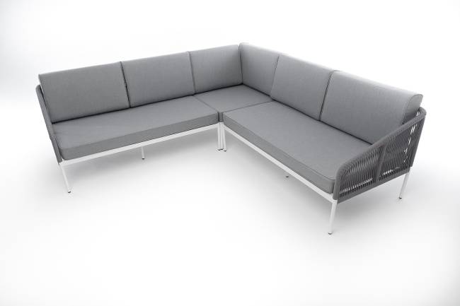 "Канны" диван модульный плетеный из роупа, каркас алюминий белый, роуп светло-серый круглый, ткань светло-серая