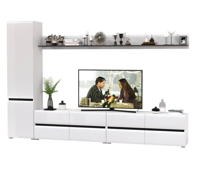 Две ТВ-тумбы с двумя навесными полочками и шкафом с полками Сидней цвет белый/чёрный/МДФ белый глянец
