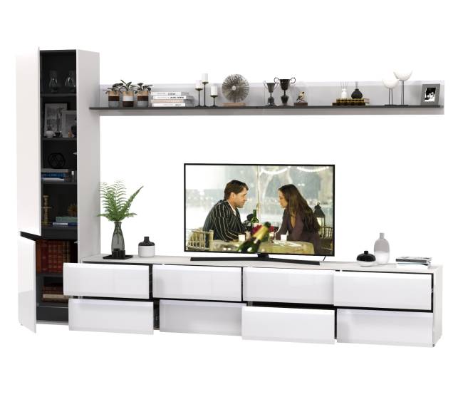 Две ТВ-тумбы с двумя навесными полочками и шкафом с полками Сидней цвет белый/чёрный/МДФ белый глянец
