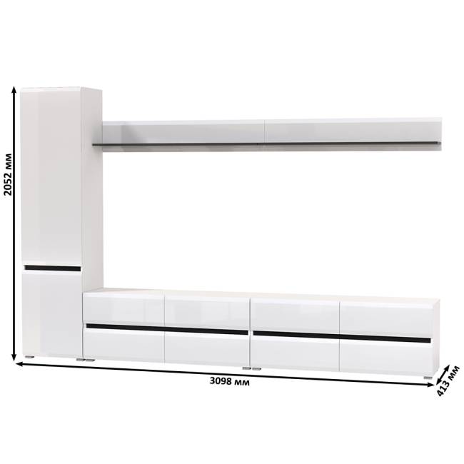 Две ТВ-тумбы с двумя навесными полочками и шкафом с полками Сидней цвет белый/чёрный/МДФ белый глянец