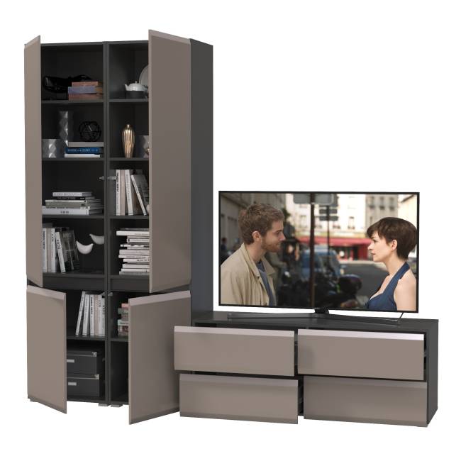 Два шкафа с полками внутри и тумба под ТВ Сидней цвет антрацит/МДФ веллюто капучино