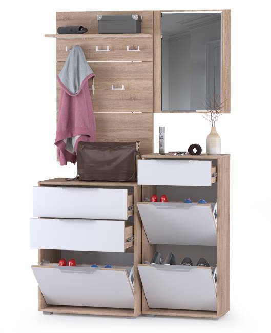 Обувница 13.113 + Вешалка 10.122 + обувница 13.114 + Зеркало Куба цвет дуб сонома/белый премиум