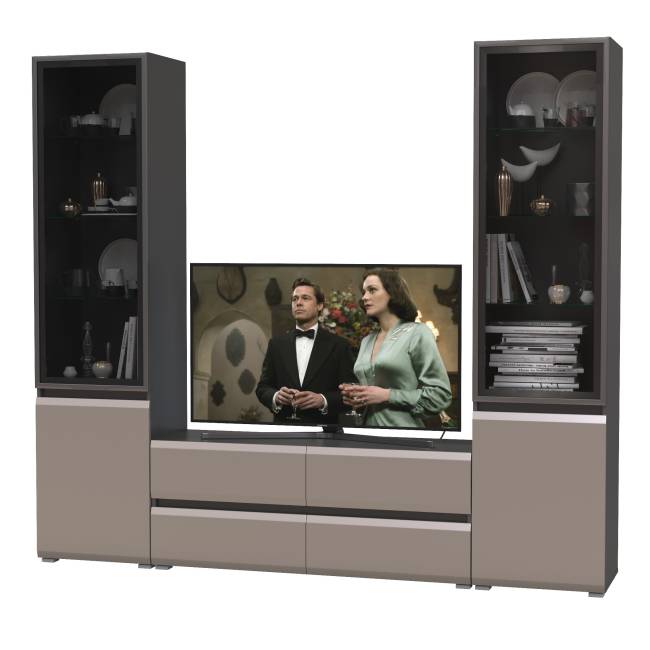Гостиная из ТВ-тумбы и двух шкафов-витрин Сидней цвет антрацит/МДФ веллюто капучино Гостиная из ТВ-тумбы и двух шкафов-витрин Сидней цвет антрацит/МДФ веллюто капучино