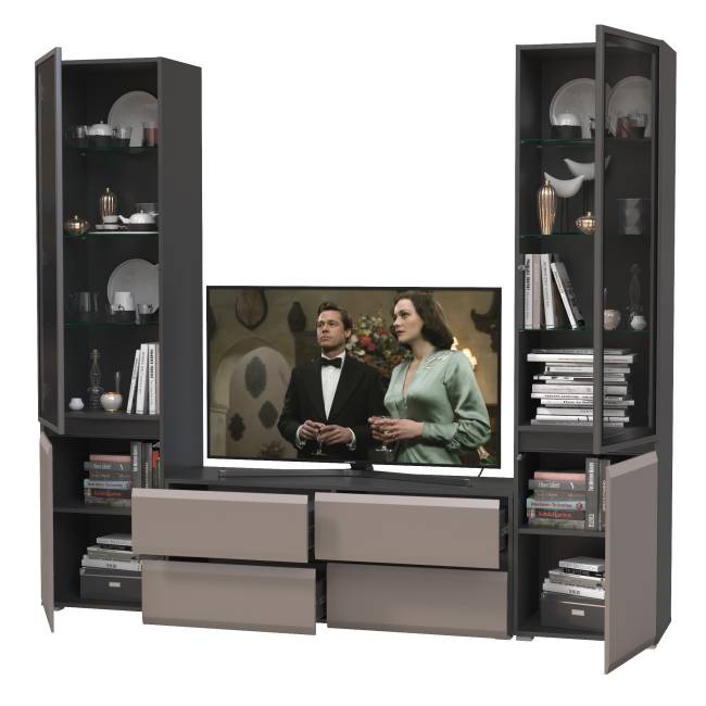 Гостиная из ТВ-тумбы и двух шкафов-витрин Сидней цвет антрацит/МДФ веллюто капучино Гостиная из ТВ-тумбы и двух шкафов-витрин Сидней цвет антрацит/МДФ веллюто капучино