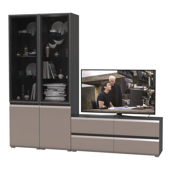 Гостиная из ТВ-тумбы и двух шкафов-витрин Сидней цвет антрацит/МДФ веллюто капучино Гостиная из ТВ-тумбы и двух шкафов-витрин Сидней цвет антрацит/МДФ веллюто капучино