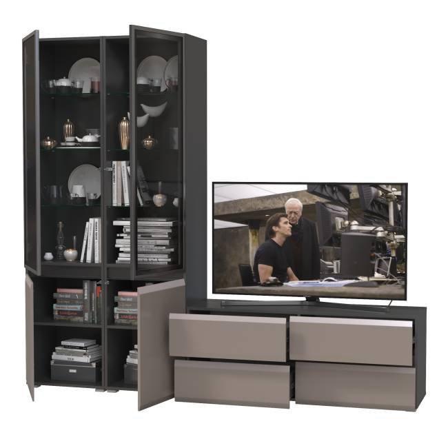 Гостиная из ТВ-тумбы и двух шкафов-витрин Сидней цвет антрацит/МДФ веллюто капучино Гостиная из ТВ-тумбы и двух шкафов-витрин Сидней цвет антрацит/МДФ веллюто капучино