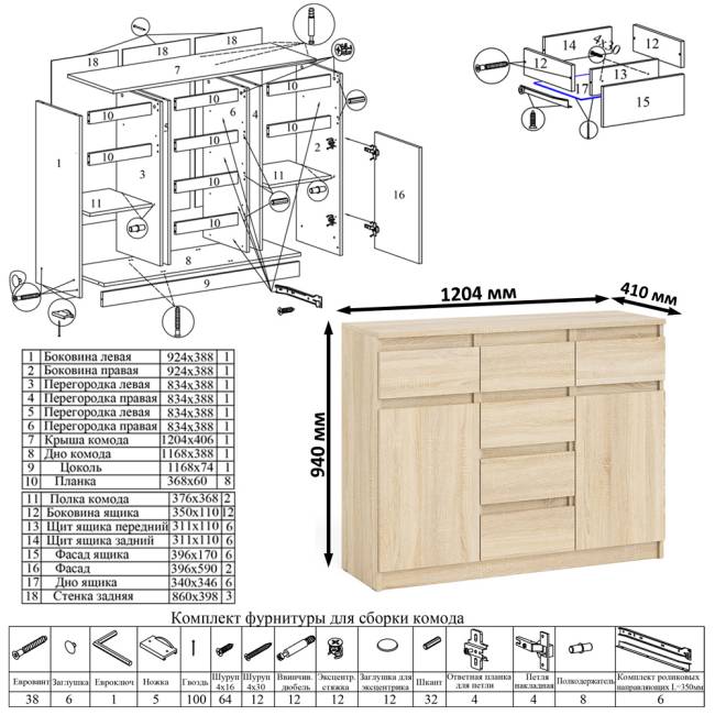 Комод с ящиками и дверками Мори МК1200.4 цвет дуб сонома