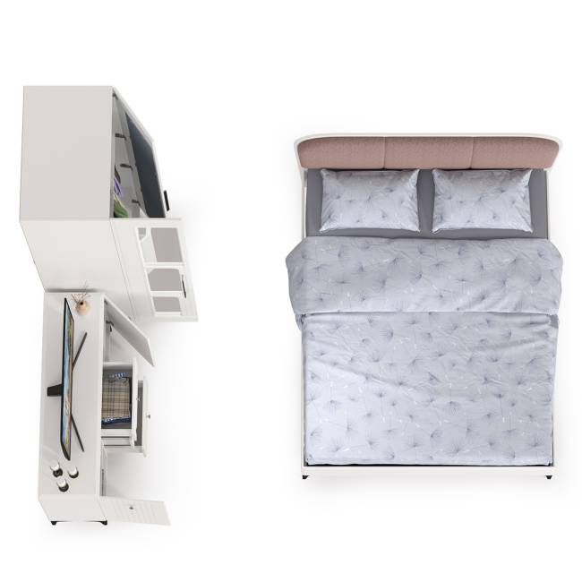 Двуспальная кровать 1600 с мягкой спинкой Валенсия с комодом и шкафом цвет белый шагрень/ткань велутто 19