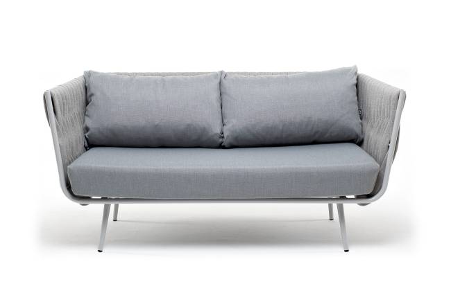 "Монако" диван 2-местный плетеный из роупа, каркас алюминий светло-серый (RAL7035) муар, роуп светло-серый 40 мм, ткань светло-серая