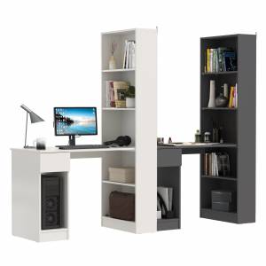 Два стола письменных со стеллажом с полками Лайт 10.01 цвет белый гладкий/тёмно-серый