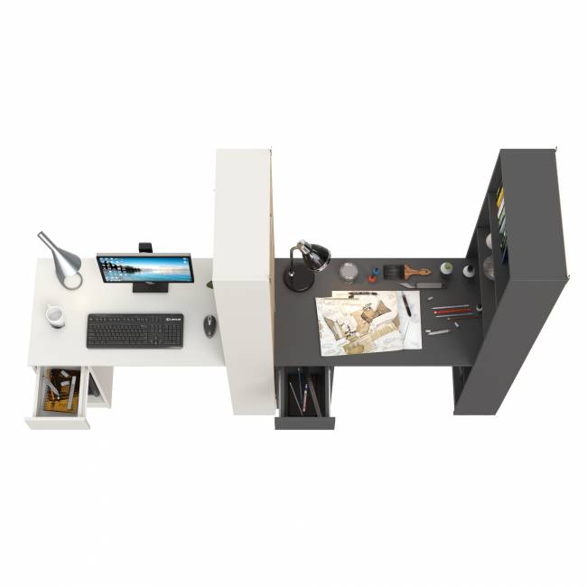 Два стола письменных со стеллажом с полками Лайт 10.01 цвет белый гладкий/тёмно-серый