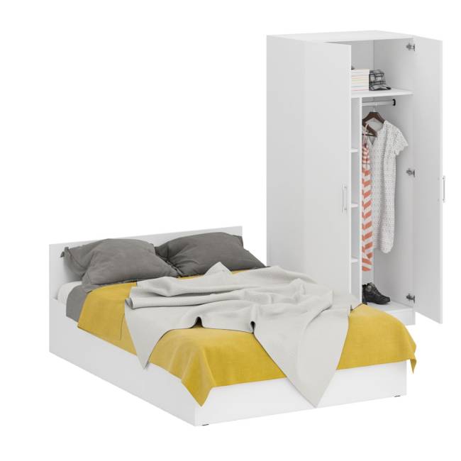 Кровать белая двуспальная 1400 со шкафом для одежды 2-х створчатым Стандарт цвет белый