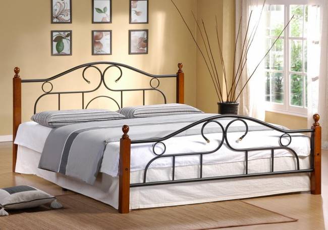 Кровать AT-808 дерево гевея/металл, 160*200 см (Queen bed), красный дуб/черный дуб темный дерево гевея/металл