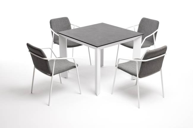 "Венето" обеденная группа на 4 персоны со стульями "Марокко", каркас белый, роуп серый