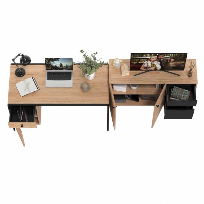 Брюс письменный стол с комодом цвет чёрный/Battle rock Santiago/столешница МДФ ель карпатская