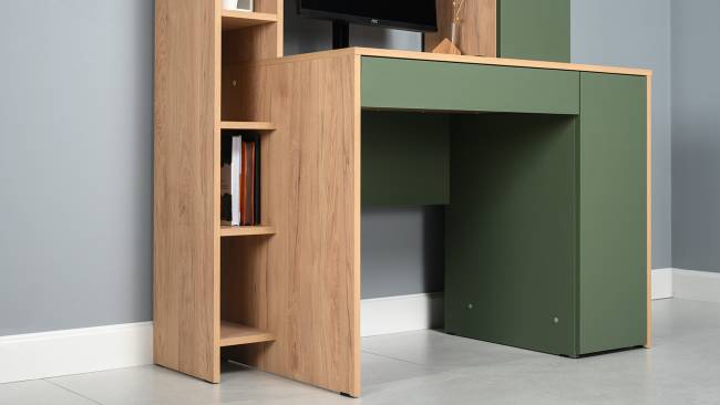 Рабочий компьютерный стол Комфорт 12.71 цвет гикори рокфорд натуральный/дымчатый зелёный