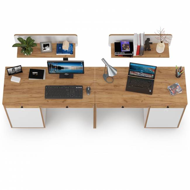 Письменные столы с навесными полками для двоих детей Вуди цвет белый премиум/дуб крафт золотой