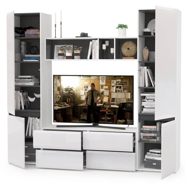 Стенка для гостиной Сидней № 6 цвет белый/чёрный/фасады МДФ белый глянец Стенка для гостиной Сидней № 6 цвет белый/чёрный/фасады МДФ белый глянец