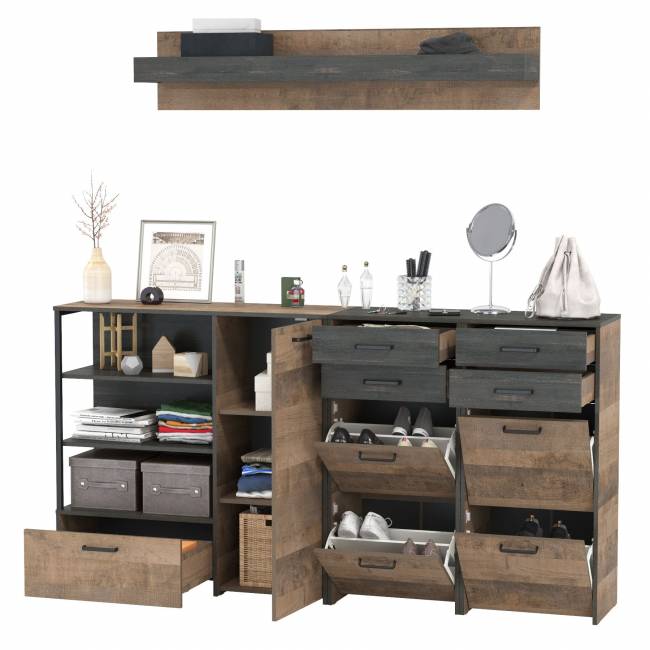 Комод-тумба в прихожую с навесной полкой и двумя обувницами с ящиками Трувор цвет дуб гранж песочный/интра