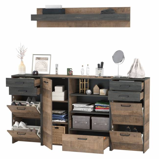 Комод-тумба в прихожую с навесной полкой и двумя обувницами с ящиками Трувор цвет дуб гранж песочный/интра