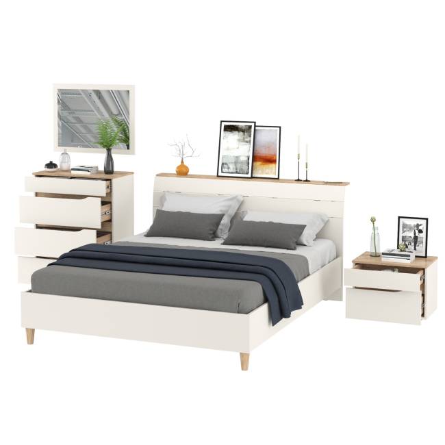 Кровать Муссон 1600 с ортопедическим основанием с тумбочкой и комодом с зеркалом цвет белый/дуб эндгрейн элегантный