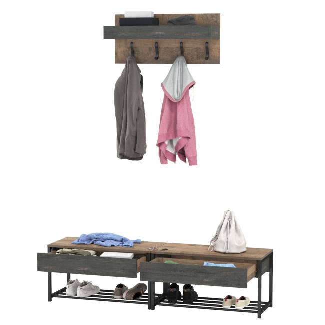 Две обувницы с сиденьем и вешалка для верхней одежды Трувор цвет дуб гранж песочный/интра