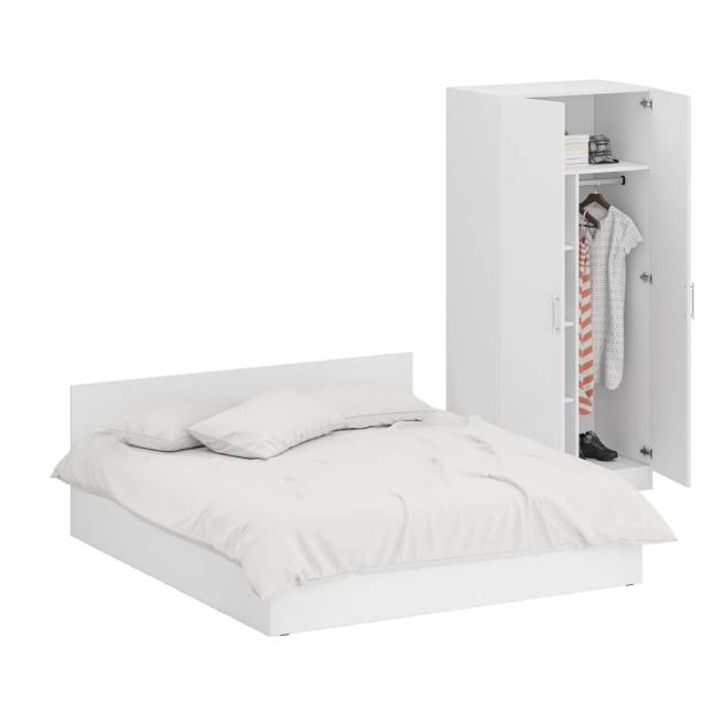 Кровать белая двуспальная 1800 со шкафом для одежды 2-х створчатым Стандарт цвет белый