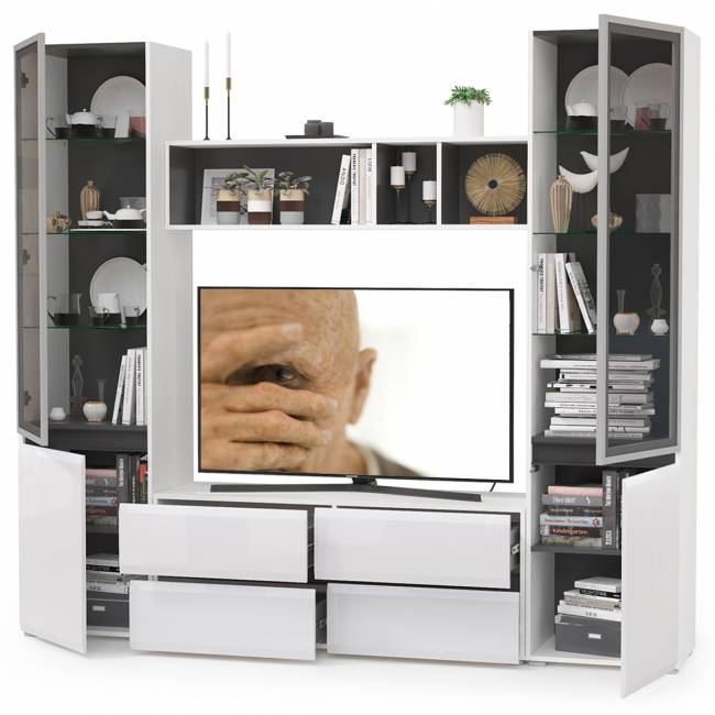 Стенка для гостиной со стеклянными фасадами Сидней цвет белый/чёрный/фасады МДФ белый глянец Стенка для гостиной со стеклянными фасадами Сидней цвет белый/чёрный/фасады МДФ белый глянец