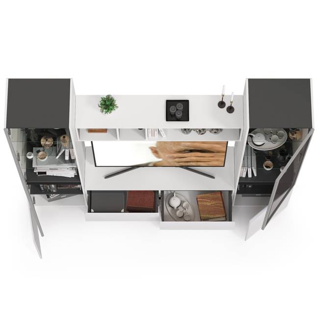 Стенка для гостиной со стеклянными фасадами Сидней цвет белый/чёрный/фасады МДФ белый глянец Стенка для гостиной со стеклянными фасадами Сидней цвет белый/чёрный/фасады МДФ белый глянец