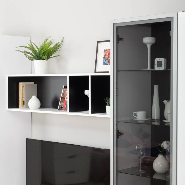 Стенка для гостиной со стеклянными фасадами Сидней цвет белый/чёрный/фасады МДФ белый глянец Стенка для гостиной со стеклянными фасадами Сидней цвет белый/чёрный/фасады МДФ белый глянец